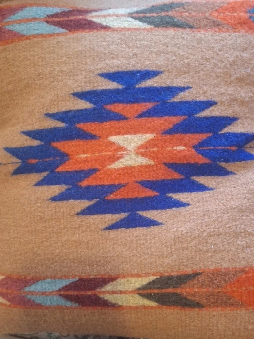 Hand-loomed Southwestern Accent Pillow in Tan with Blue & Orange Motif- Oaxacan